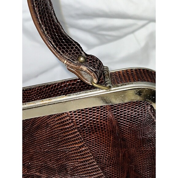 Vintage 50's Tegu Lizard Skin Kelly Hand Bag Mahogany Brushed Metal Clasp 14x9x4 - Picture 13 of 16
